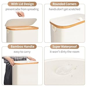 Laundry Hamper with Lid65L Laundry Basket for Clothes hamper Laundry Basket with Bamboo Handle and Removable Bags Large Foldable Dirty Clothes Hamper White