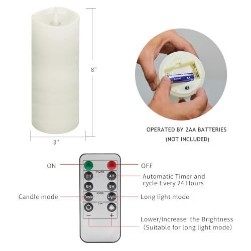 Image of Flameless LED Candles 3 inchx8 inch Set of 2, Battery Operated with Remote & Timer, 600-Hour on 2 AA Batteries, Flickering Realistic Flame, White for Indoor /Outdoor
