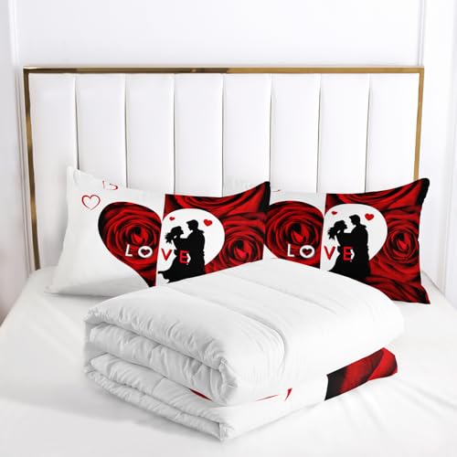 Image of AILONEN Red and White Comforter Set Queen Size,Red Rose Flower Love Couple Bedding Set Decor,Romance Heart His Hers Themed Women Men Quilt with 2 Pillowcases,3-Piece