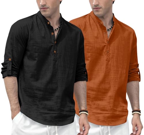 Image of Zombom Men's Combo Cotton Polyester Blend Solid Full Sleeve Straight Regular Fit Mandarin /Chinese Collor Kurta (Pack of 2)