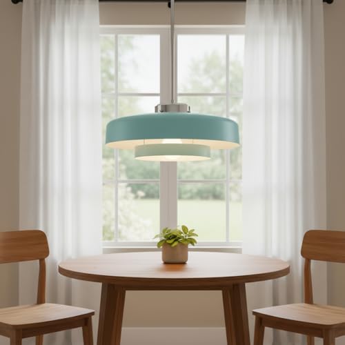 Image of Turquoise Blue 2-Tier Drum Pendant Light, 13.8 inch Adjustable Height Modern Hanging Light Fixture, Chrome Finish Metal Ceiling Lamp for Kitchen Island Dining Room Bedroom