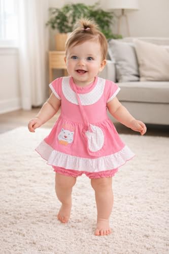 Image of Baby Girls Frock Dress with Bloomer Set | Short Sleeve Polka Dot Inner Layer & Bow Detail Special for 0-6 Months
