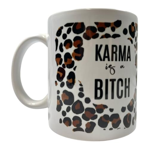 NetSpares Keramiktasse „Karma is a Bitch“ | Kaffeetasse mit Leopardenmuster | Frecher Spruch Becher | Lustige Geschenkidee für Freunde, Kolleginnen, Büro, Geburtstag