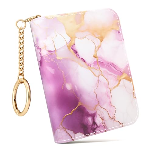 Image of Credit Card Holder RFID Wallet for Women, Small Leather Card Organizer Case with Zipper and Keychain, Cute Marble