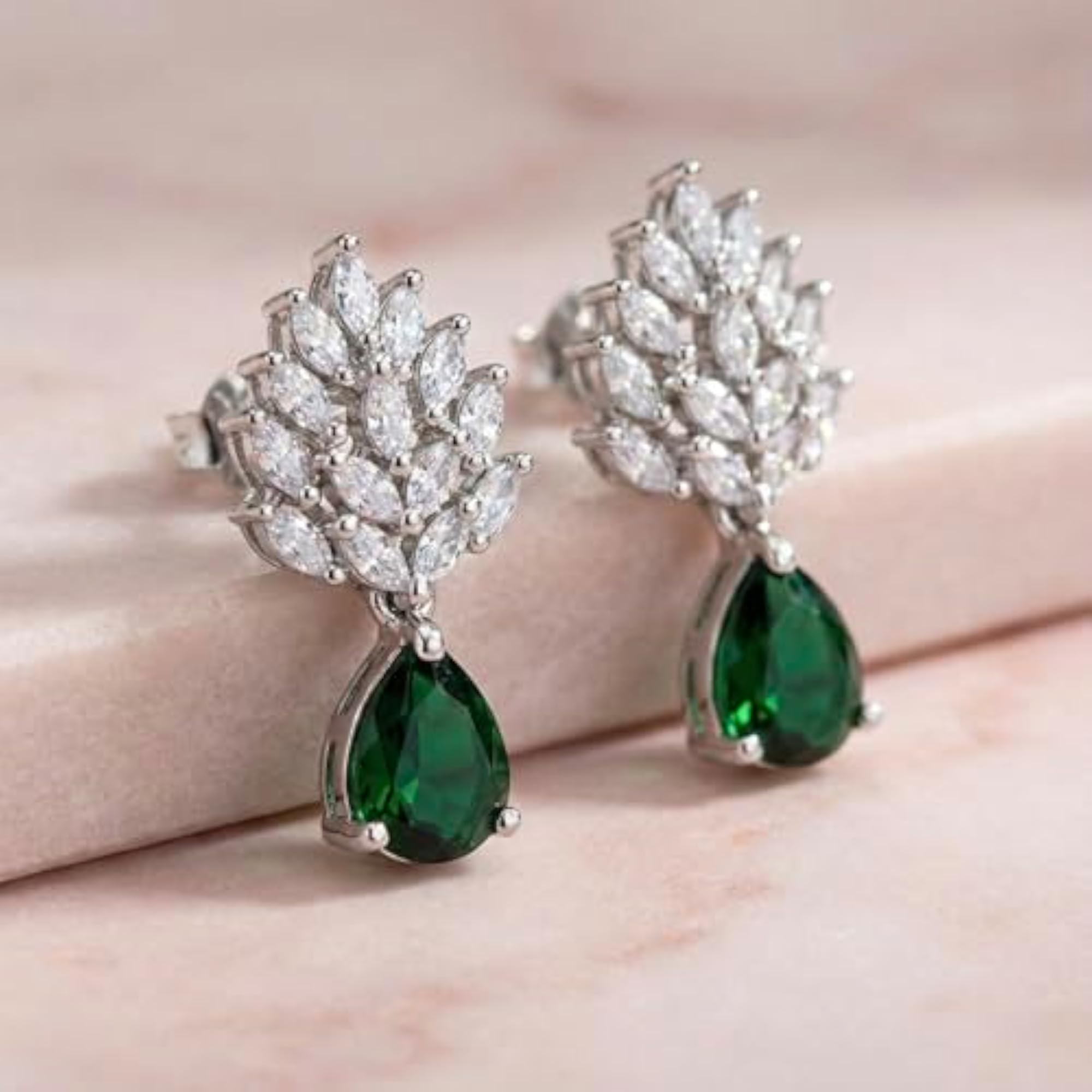 Women's Silver Finish Plated CZ American Diamond Leaf Stud Earrings