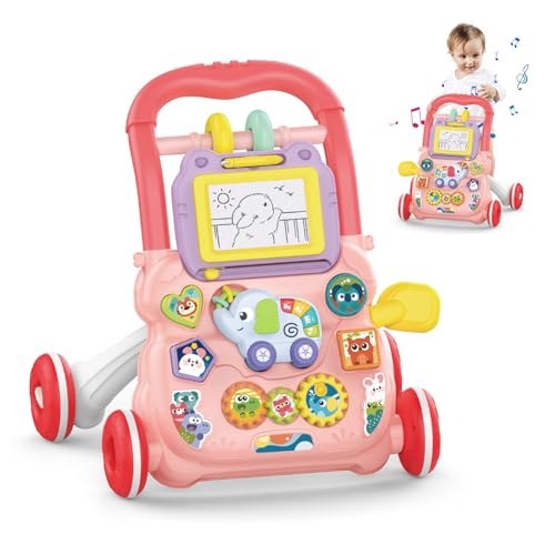 KalaDuck Camminatore per Bambini da Seduto a in Piedi, 2 In 1 Giocattolo a Spinta Bambini con Musica e Lavagna da Disegno, Centro di Attività Educativa Precoce Multifunzionale per Neonati 12M+ (Rosa)