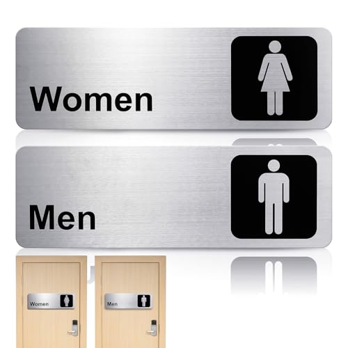 2 targhette per WC in alluminio spazzolato, per porta del bagno, da donna, da uomo, con chiusura adesiva, per uffici commerciali e ristoranti, 22,9 x 7,6 cm, colore argento