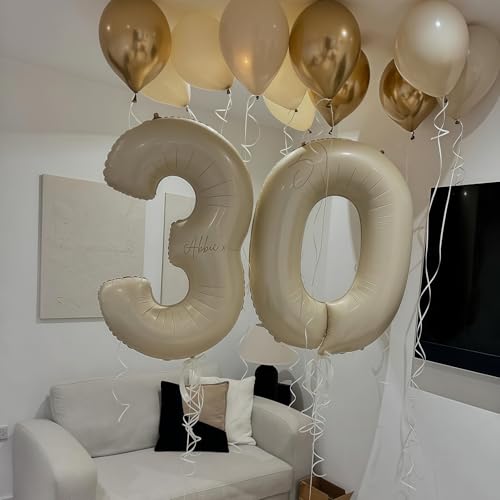 Image of Cream Number 30 Balloons,40 Inch 30 Balloons Giant Helium Foil Mylar Beige 30 Balloon Number for Birthday Party Anniversary Decorations