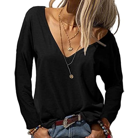 Danedvi Women Fashion Deep V-Neck Long Sleeve Tops Solid Casual Loose Basic T Shirt Cover