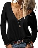 Danedvi Women Fashion Deep V-Neck Long Sleeve Tops Solid Casual Loose Basic T Shirt