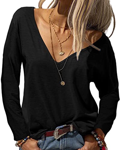 Danedvi Women Fashion Deep V-Neck Long Sleeve Tops Solid Casual Loose Basic T Shirt