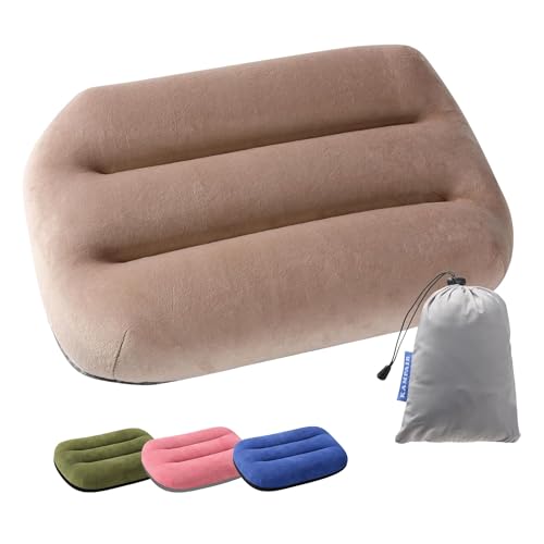 Image of Inflatable Camping Pillow - Ultralight Compact Travel Pillow, Picnic-Brown | Beach, Blow Up, Portable, Sleeping Bag Pillow, Backpacking, Soft Velvet Cover, Machine Washable Air Pillow