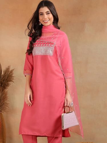 Image of Vaamsi Women's Silk Blend Sequins Yoke Design Straight Kurta Pant With Dupatta