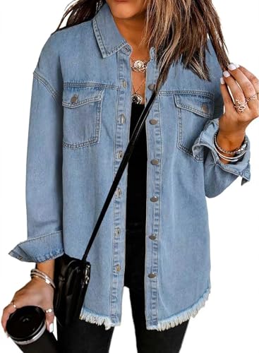 The Beauty North Denim Jacket, Women’s Oversized Button Up Frayed Hem Shacket Long Sleeve Pockets Denim Jean Jacket