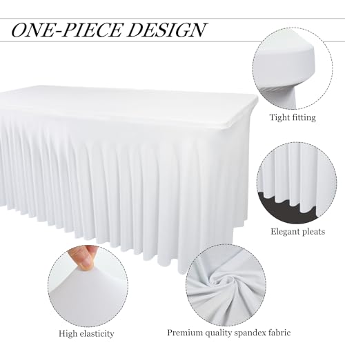 White Spandex Table Skirt for Rectangle Tables (4Ft) | 1-Pack Stretch Pleated Tablecloth for 48" L x 24" W x 30" H Rectangular Tables | Suitable for Banquets, Trade Shows, Birthday4