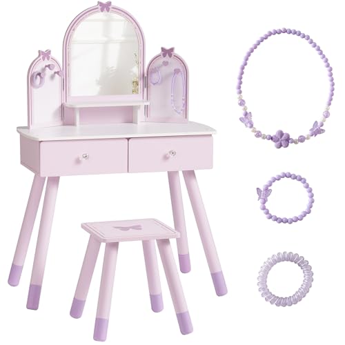 ROBUD Kinder Schminktisch mit Hocker, Holz Frisiertisch Spielset mit Spiegel, Schmuckhaken, Schubladen & Zubehör