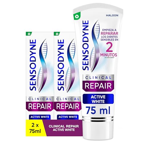Sensodyne Clinical Repair Active White, Pasta Dentífrica Blanqueante para Dientes Sensibles, Pack de 2 x 75 ml