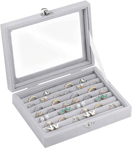 Image of BucketList Women's Velvet Glass Ring Earrings Jewelry Box - Display Storage Showcase Holder Organizer (7 Slot Jewellery Box Grey)