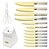 14-Piece Knife Block Set, Non Stick Sharp Stainless Steel Kitchen Knives Set, Knife Set with Self-Sharpener, Steak Knife, Bread Knife, Scissors, Chef Quality, Marbled Handle Gold Blade