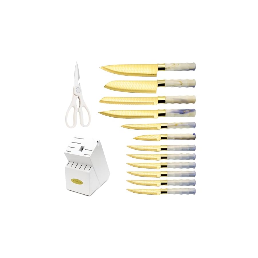 14-Piece Knife Block Set, Non Stick Sharp Stainless Steel Kitchen Knives Set, Knife Set with Self-Sharpener, Steak Knife, Bread Knife, Scissors, Chef Quality, Marbled Handle Gold Blade