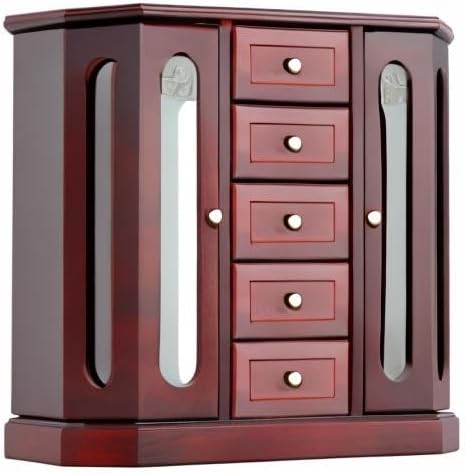 RR ROUND RICH DESIGN Jewelry Box - Made of Solid Wood with Cabinet Type 5 Drawers Organizer and 2 Separated Open Doors on 2 Sides and Large Mirror Brown - Image 8