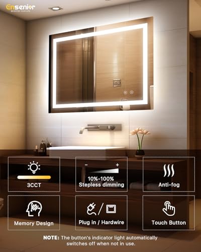Ensenior LED Bathroom Mirror 40"x 32" with Front and Backlight, Stepless Dimmable Wall Mirrors with Anti-Fog, Shatter-Proof, Memory, 3 Colors, Modern LED Vanity Mirror-ETL & FCC