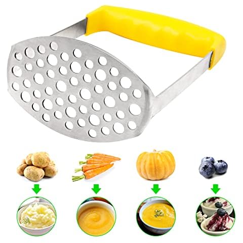 Potato Masher,Stainless Steel Baby Food Masher,Masher with Non-Slip Handle, for Mashed Potatoes, Jam, Vegetables and Fruits(Yellow) Cover