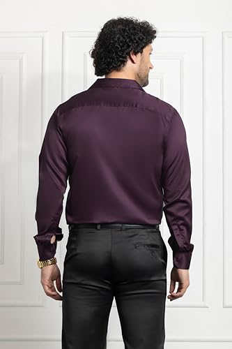 Image of CVC Men's Satin Regular Fit Formal Full Sleeve Solid Wine Shirt for Office, Party Premium Poly Satin Silk with Collar for Men - Size XXL