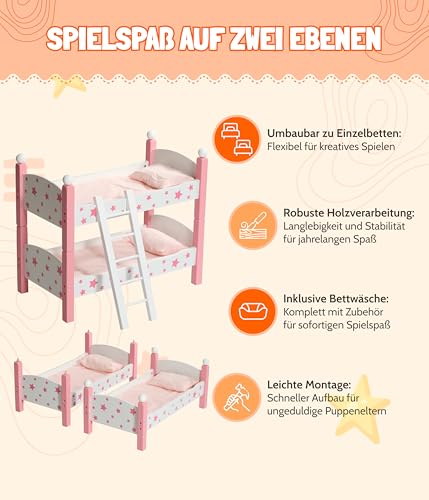 Bayer Chic 2000 Puppenbett Doppelstockbett – Stars Pink – Puppenhochbett mit Leiter & Bettwäsche – Puppen bis 48 cm – Puppenzubehör, Holzpuppenbett