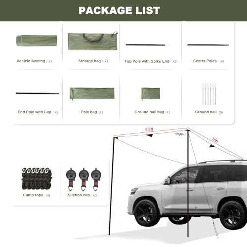 FEIWOOD GEAR Portable Car Awning for SUV, Vehicle Awning for Camping Van Truck, Needn't Roof Rack Hardwares Waterproof UV50+ 10 x 5.6 ft by FEIWOOD GEAR - Image 2
