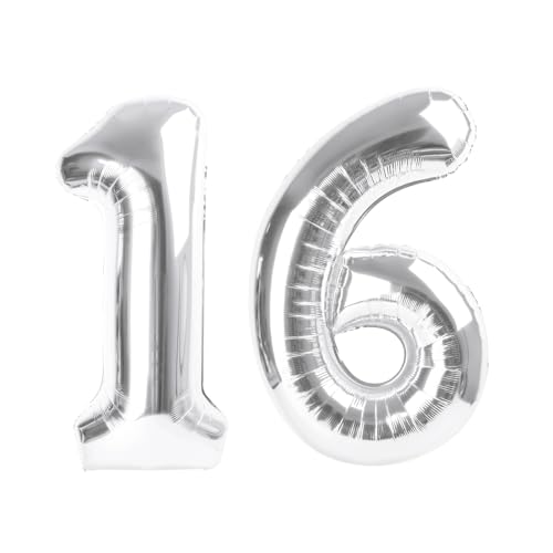 Image of 16 Balloon 40 inch Silver Number Balloons for 16 61 Birthday Decoration | Saturated Color, Large 40 in, With Straw & Hanging Hole, For Graduation Season, Thanksgiving, Anniversary, Christmas