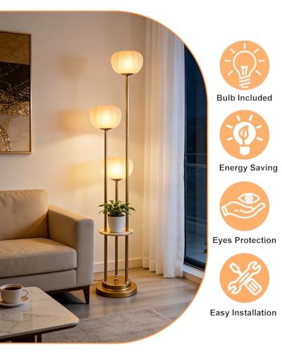 Image of Lightdot Gold Dimmable Floor Lamp with Table, Mid Century Modern Floor Lamps with Pumpkin Lampshade & Bulbs, 3-Light Tall Standing Lamp for Living Room /Bedroom /Sofa Beside /Corner Decor