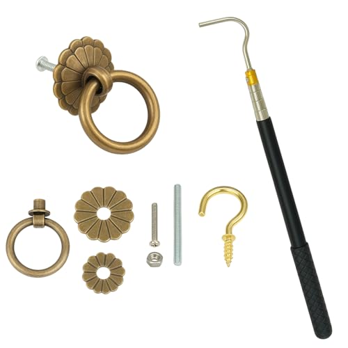 Attic Ladder Pull Down System Kit with Retractable Extension Pole (15-64 Inch), Vintage Copper Pulls Handles& Durable Hardware, Cordless Replacement for Attic Stairs Accessories, Easy Install Tool Set