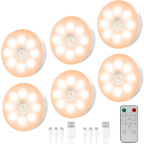 ALLTHWO Led Under Cabinet Lighting,1000mAh Rechargeable Puck Lights with Remote,3 Color Temps&Dimmable Motion Sensor Closet Lights Indoor,Under Counter Lights for Cupboard,Kitchen,Wardrobe,Stairs(6)