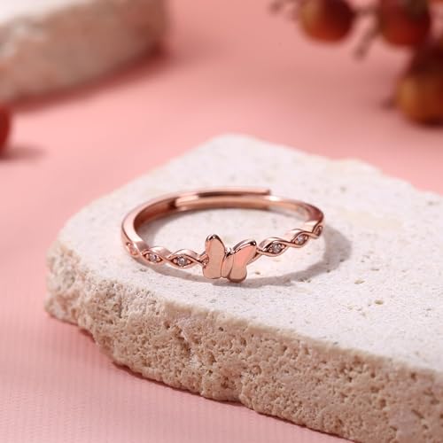 Sterling Silver Butterfly Rings for Women Adjustable Promise Rings for Women,Cubic Zirconia Twist Dainty Ring Minimalist Open Finger Rings Rose Gold4
