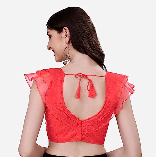 Image of Pujia Mills Women's V Neck Orgenza Three Layer Ruffle Sleeve Frill Readymade Saree Blouse