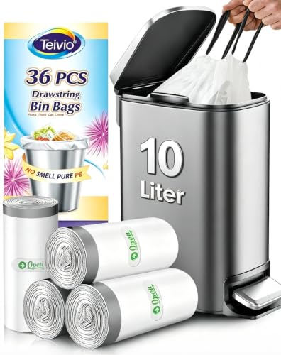 Teivio 10 Liter Small Bin Bags with Tie Tap 36 Counts Strong Drawstring Pedal Bin Liners Fit 8-10L Trash Can Waste Paper Bin Bags for Home Office Kitchen Bathroom Bedroom White Toilet Rubbish Bag