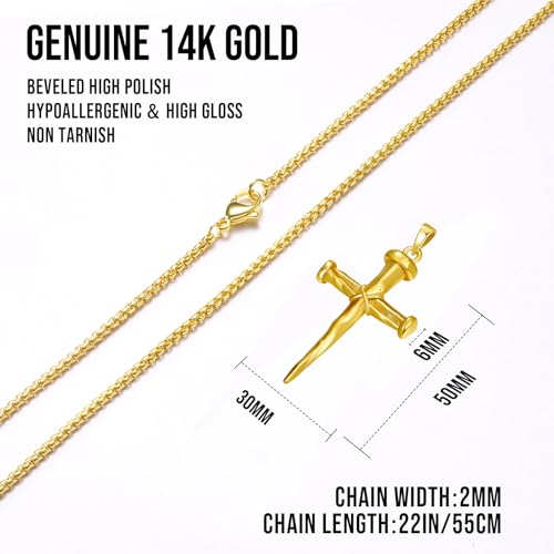 14K Gold Nail Cross Necklace for Men, Cross Pendant with Box Chain, Christian Religious Faith Jewelry Gift 20 Inch/50 cm3