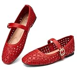 Trary Mary Jane Shoes Women, Hollow Flats for Women, Ballet Flats Shoes Round Toe Mary Jane Flats, Red Flats Shoes Dressy Comfortable Size 7