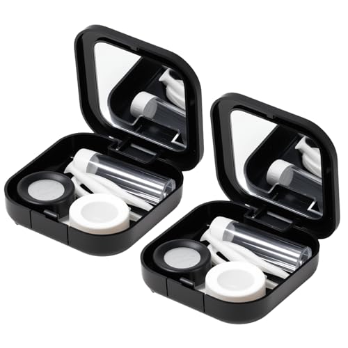 2PCS Contact Lens Cases with Mirror, Portable Contact Lens Soaking Case with L and R Caps Tweezers Wearing Stick for Travel