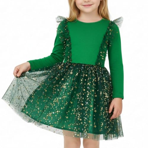 JiAmy Vestidos de niña para niños, festivo, tul, princesa, tutú, vestido de fiesta, otoño e invierno, Navidad, manga larga, estrella, lentejuelas, vestido hinchado para niñas, talla 90-130, verde, 6-7