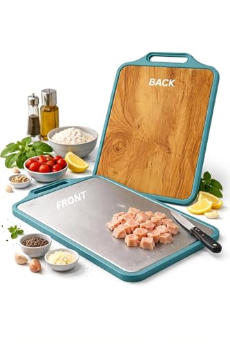 Image of Sensilo 2 in 1 SteelWood Chopping Cutting Board, One Side Steel One Side Teak Wood, for Vegetable,Fruit,Bread & Durable Safe & Heavy Duty, (36 x 24 cm, Steel Wood)