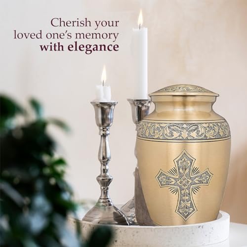 Image of Trupoint Memorials Cremation Urns for Human Ashes, Funeral Memorial Urn for Male and Female, Decorative Burial Metal Urn Collection for Adult Men & Women - Gold Cross, Adult (200 LB)