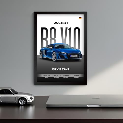 Image of Audi R8 Poster | Framed A4 Sized (31 x 23 cm) | Car Posters for Wall, Gift for Boys | Supercar Frames | Audi Poster R8 V10 Plus Sportscar Frame | Car Posters for Wall, Bedroom, Hostel, Study Room (F 126)