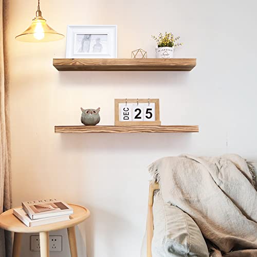 Floating Shelves - Natural Rustic Wooden Wall Shelf Set Of 2- 24 Inch Handcrafted European Pine Storage Shelf Display Shelf For Kitchen Bathroom Living Room Bedroom Farmhouse - Light Walnut #TOP6