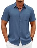 COOFANDY Short Sleeve Linen Shirts for Men Casual Button Down Shirts Beach Wedding Outfit for Men Dark Blue