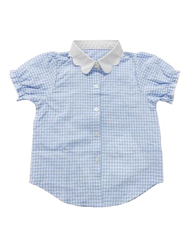Image of Girls Button Down Shirt Puff Sleeves Blouse Summer Cute Top Doll Collar School Uniform, 4-13Y