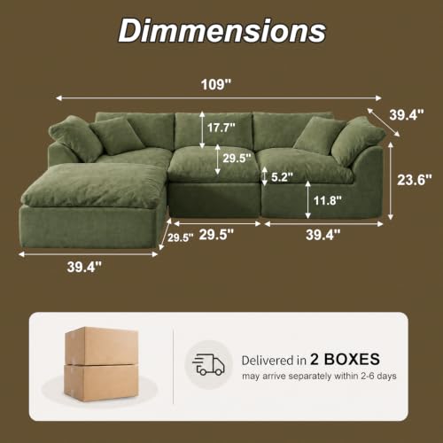 Image of 109 inch Boneless Cloud Couch Sectional for Living Room, Oversized Modular L Shaped Sofa with Chaise, Deep Seat Chenille Convertible Sofa Bed for Cloud-Like Comfort(OliveGreen)