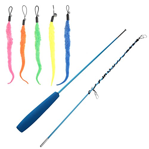 Aigou Cat Wand with Teaser Toys, Long Dangler Stick Fishing Rod with 5 Pieces Fun Teaser and Bell Refill Pack for Cat and Kitten (Blue)