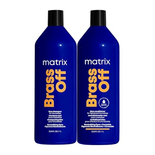 Matrix Brass Off Blue Shampoo and Pigmented Conditioner Set | Removes Brassy Orange Undertones | Toning Conditioner For Lightened Brunettes | For Color Treated Hair | Premium Salon Conditioner | Vegan